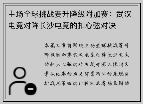 主场全球挑战赛升降级附加赛：武汉电竞对阵长沙电竞的扣心弦对决