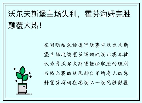 沃尔夫斯堡主场失利，霍芬海姆完胜颠覆大热！