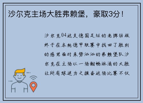 沙尔克主场大胜弗赖堡，豪取3分！