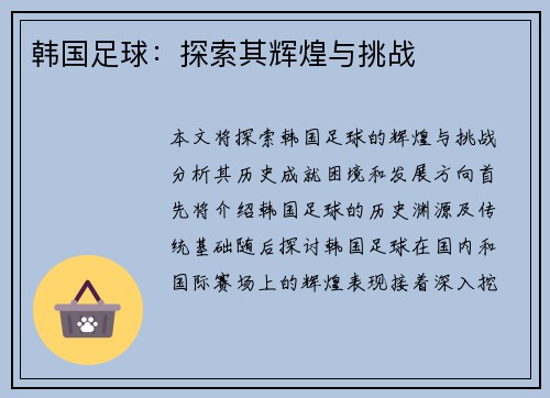 韩国足球：探索其辉煌与挑战
